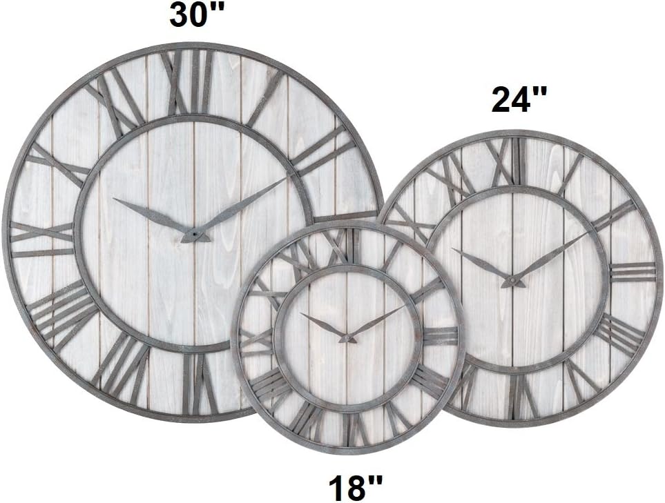 Oldtown Farmhouse Metal & Solid Wood Noiseless Wall Clock (Whitewash, 18-inch)