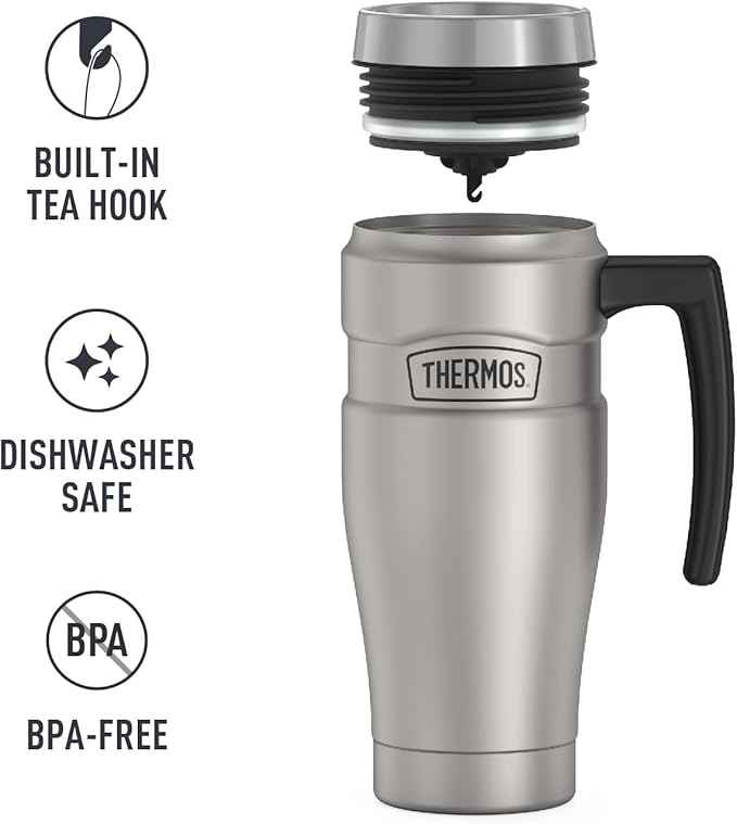 THERMOS Stainless King Vacuum-Insulated Travel Mug with Handle-16oz,Matte Steel-Thermos Tumbler for Hot&Cold Drinks-Leak-Proof&Sweat-Proof Stainless Steel Coffee Mug with Lid for Commuting,(Pack of 4)