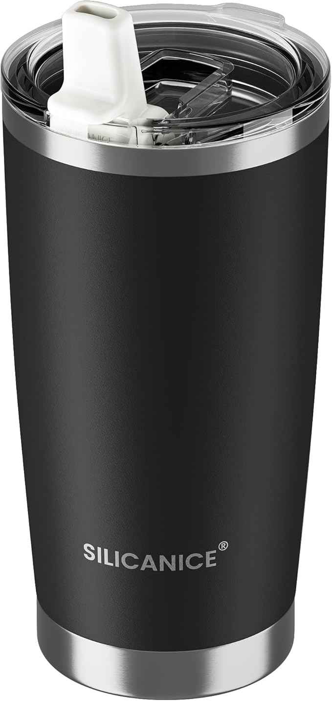 20oz Hygienic Insulated Tumbler — 100% Leakproof Lid with Removable Spout & Straw, Reinforced Vacuum-Protection Base, Cup Holder Friendly, for Iced Coffee, Smoothie/Water on the Go - Black