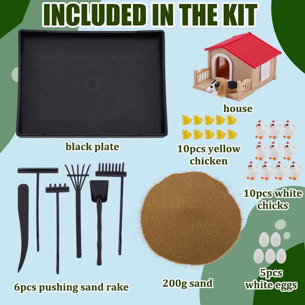 WEBEEDY Chicken Zen Garden Kit for Desk, Zen Decor Sand Garden DIY Kit with Chicken, Eggs and Farmhouse Figurines, Funny Tabletop Ornament for Office Home Meditation Gift, 8.3x6.2 Inch