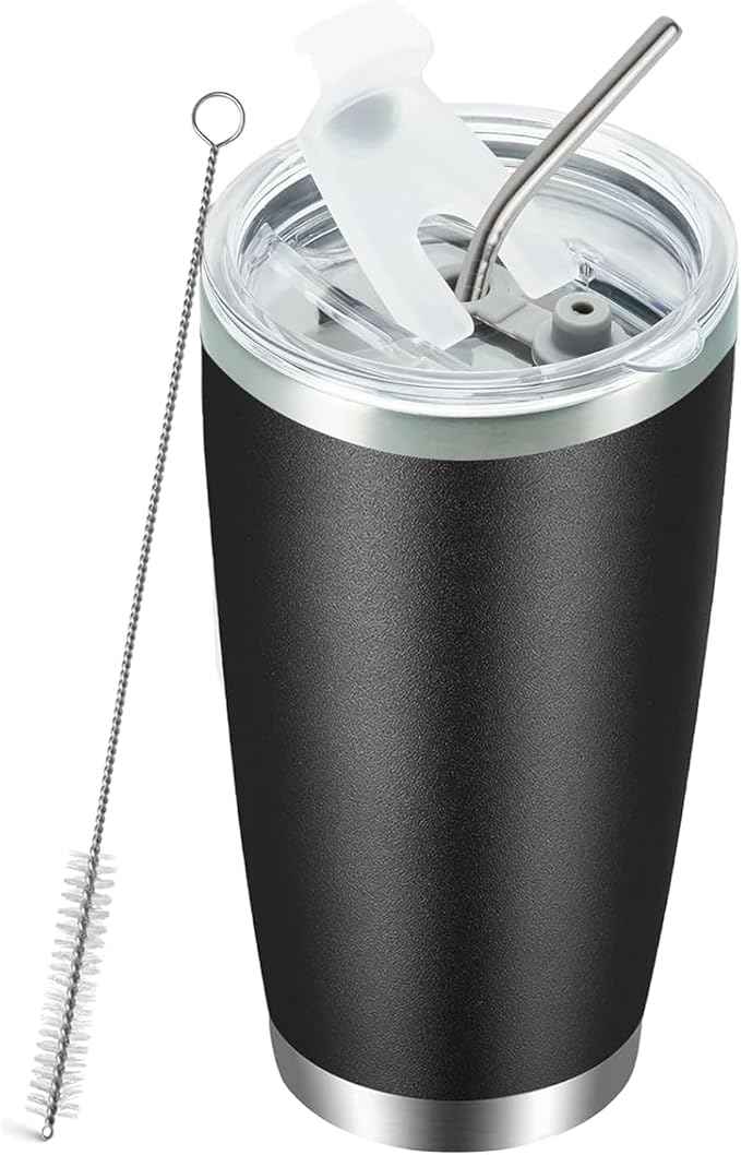 20oz Stainless Steel Vacuum Insulated Travel Mug Tumbler with Lid, Reusable Coffee Cup with Straw & Cleaning Brush, Double Wall Thermal Cup for Hot/Cold Drinks (Black)