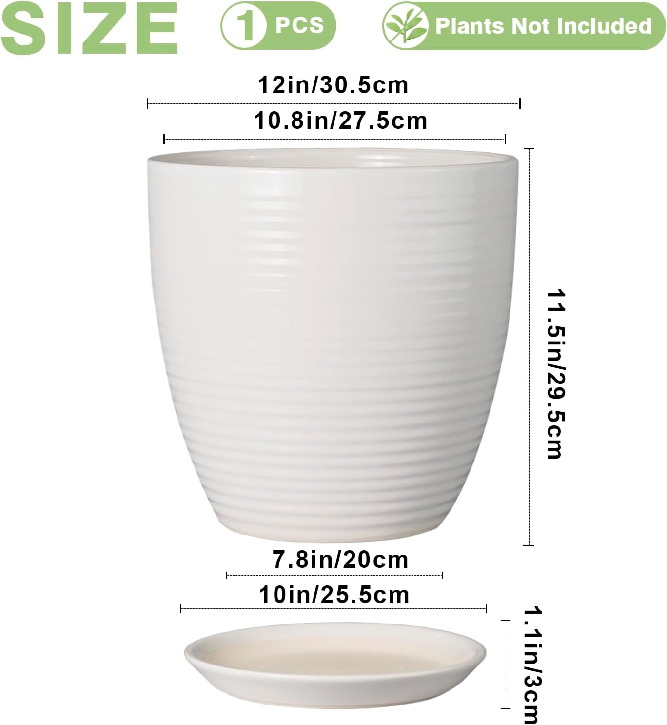 12 Inch Ceramic Planter Pot, Large Planter with Drainage Hole and Saucer Round Flower Pot for Indoor Outdoor Plants, White