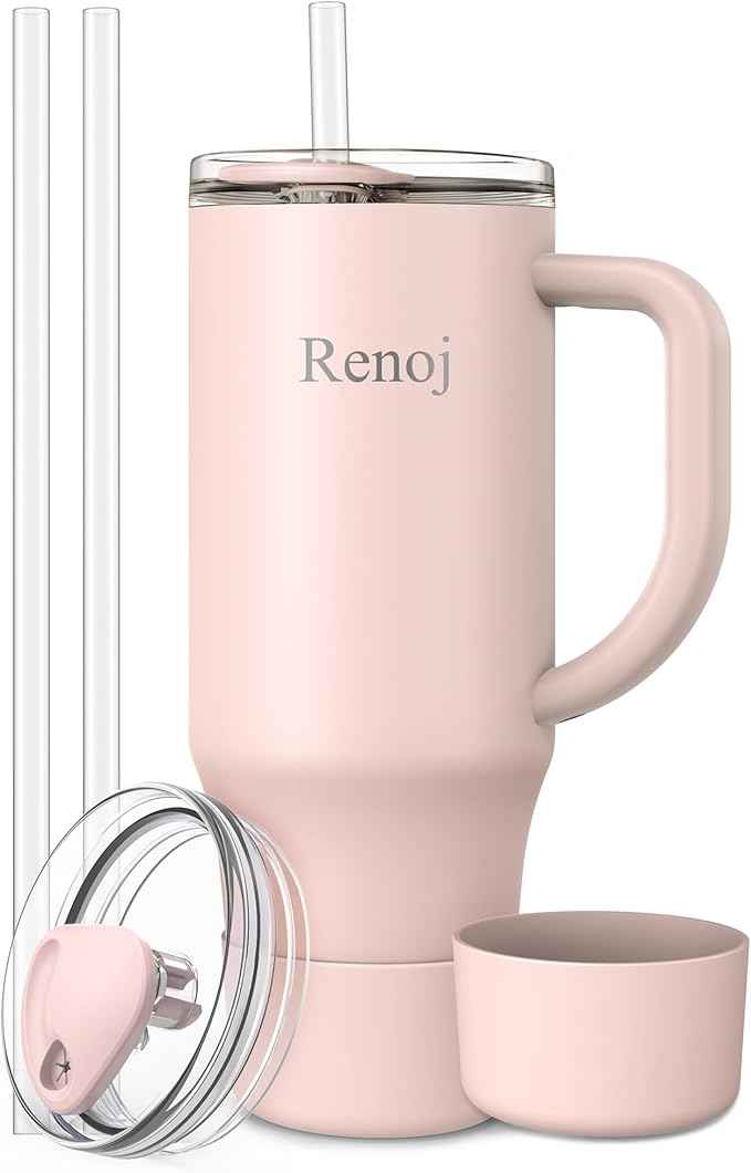 Renoj Insulated Mug 100% Spill Resistant Insulated Water Bottle for Iced Coffee & Hot Drinks - Fits Car Cup Holder, Ideal Gift, 2 Straws & Silicone Boot - FlexSlide Light Pink 40 oz