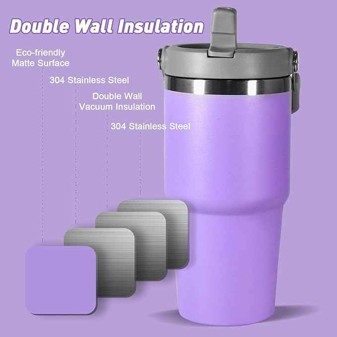 20 oz Tumbler with Handle, Insulated Tumbler with Lid and Flip Straw Leak Proof Double Wall Stainless Steel Vacuum Travel Coffee Mug Insulated Water Bottle Thermal Cup, Cupholder Friendly, Purple