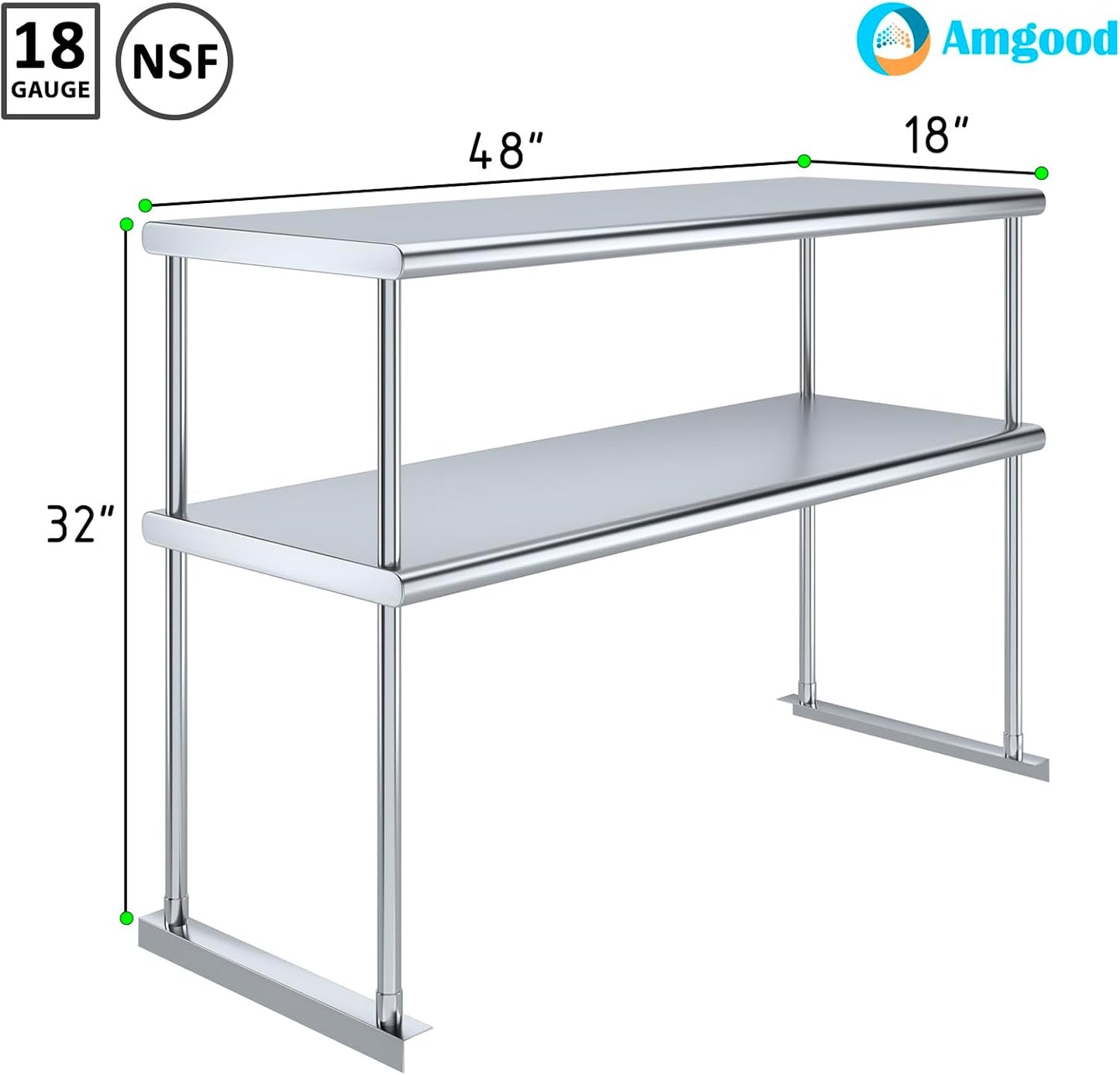 AmGood Stainless Steel Double-Tier Shelf | Work Table Overshelf | NSF Certified | Fits Over Tables | Many (48 in. Long x 18 in. Deep)