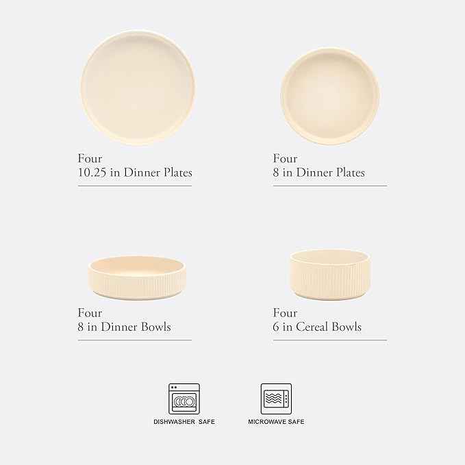 Gibson Elite Deerfield 16-Piece Stoneware Dinnerware Set – Cream White Reactive Glaze Plates and Bowls, Stackable Design, Service for 4 – Dishwasher & Microwave Safe