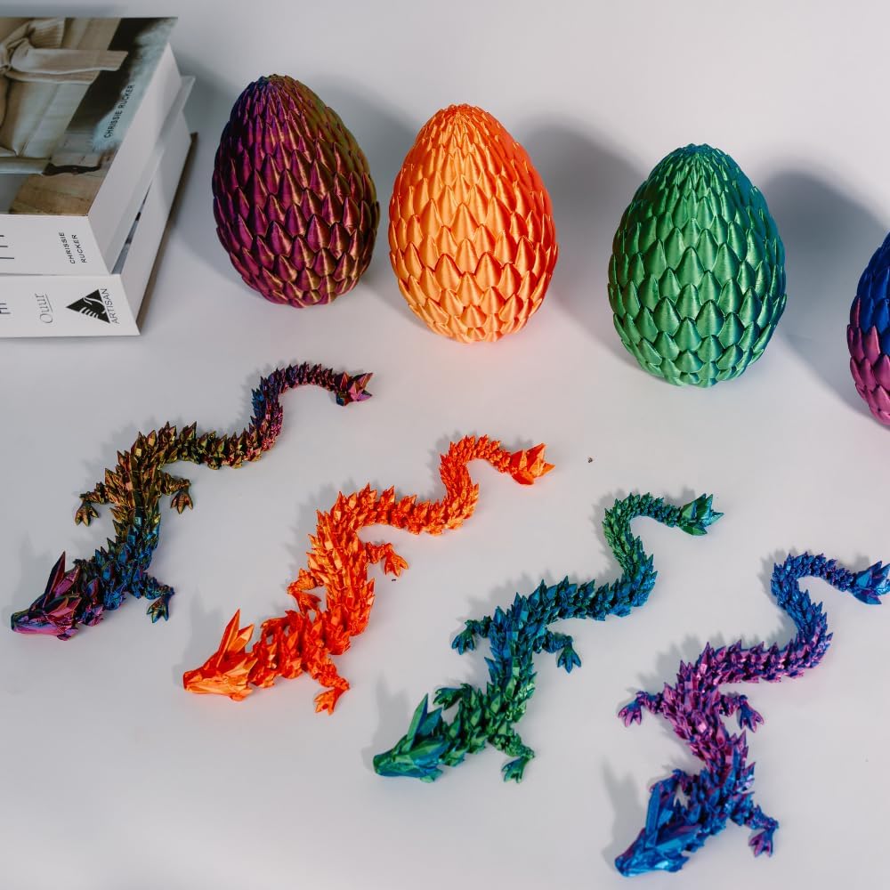 3D Printed 12” Articulated Crystal Dragon Inside 5.1” Egg - Unique Collectible, Fidget Toy, Fantasy Home & Office Desk Decor (Laser Red)