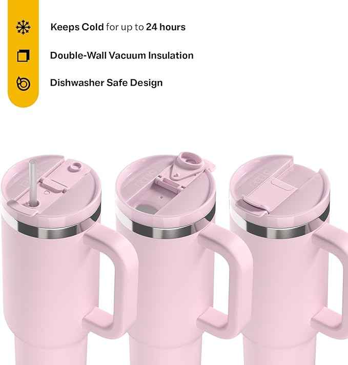 RTIC 40 oz Road Trip Tumbler Double-Walled Cermaic Lined Insulated Stainless Steel Portable Travel Coffee Mug Cup with Lid, Handle and Straw, Pale Pink