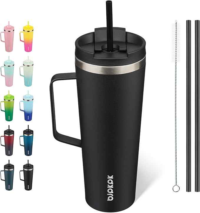 BJPKPK Insulated Tumbler with Handle, 26oz Insulated Tumblers with Lid and Straw, Stainless Steel Metal Water Bottles, Coffee Travel Mugs, Cups, Black