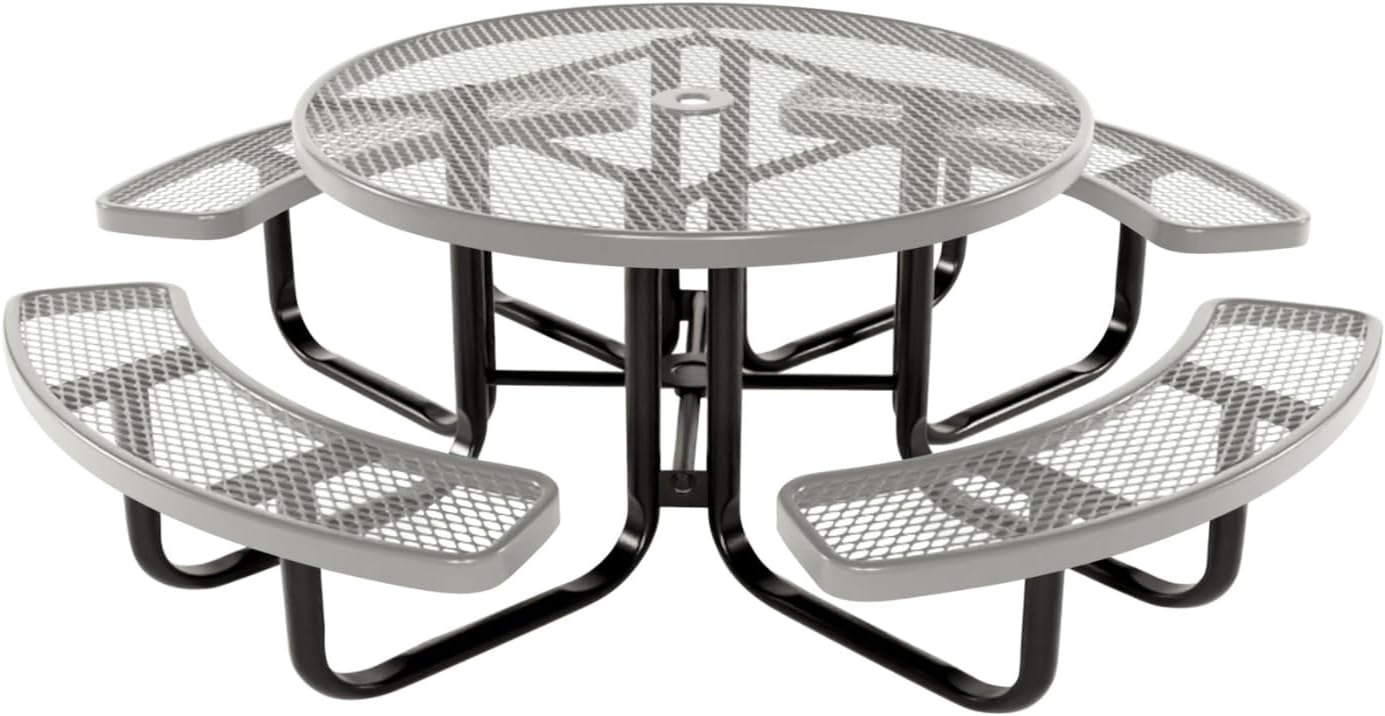 Coated Outdoor Furniture Heavy-Duty Portable Outdoor Kids Table with Umbrella Hole, Expanded Metal Kids Picnic Table, Commercial-Grade, Made in America (46 In, Round, Childrens, Gray)