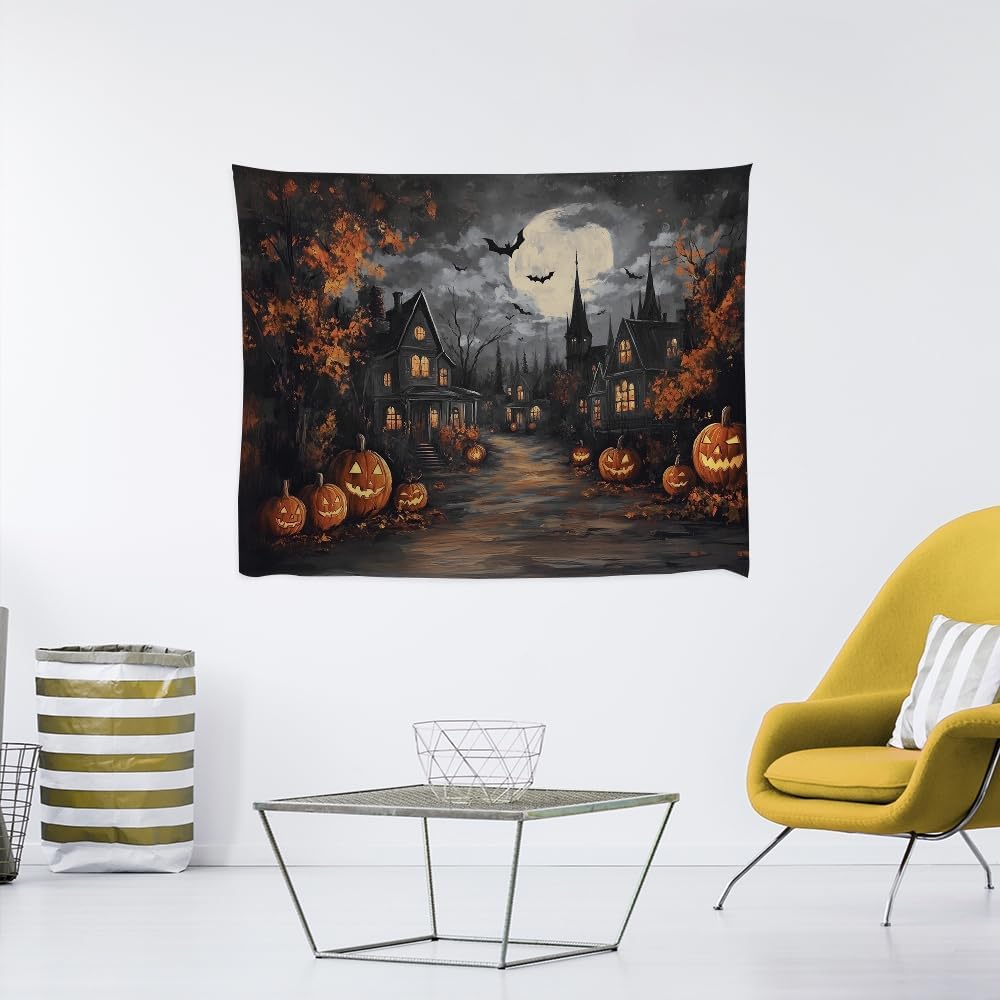 Spooky Halloween Tapestry Haunted Home Bats Pumpkin Tapestry Wall Hanging Dark Academia Fall Full Moon Decor Gothic Ghost Tapestries for bedroom Living Room Decoration 30x40inch