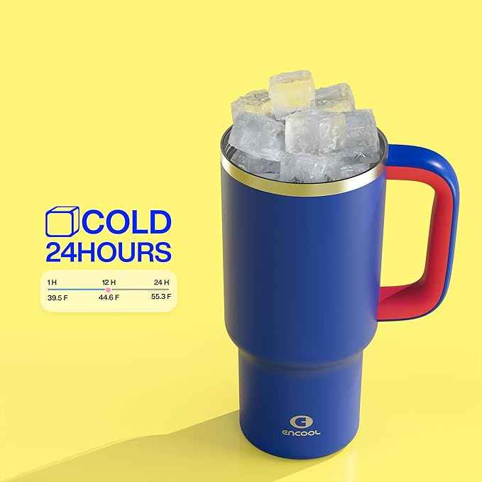 32 oz Tumbler with Handle and Straw: Stainless Steel Insulated Tumbler Keeps Cold for 24 Hours, Leakproof Travel Cup Fits in Cup Holder and BPA-Free,Beaucoup Blue