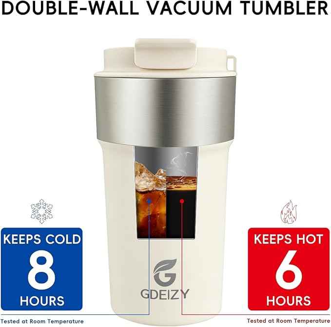 Insulated Coffee Mug, 17oz Stainless Steel Travel Mug with Flip-Top Straw Lid, Leak Proof Vacuum Insulated Tumbler, Reusable Coffee Cup for Hot & Cold Drinks, Milky White