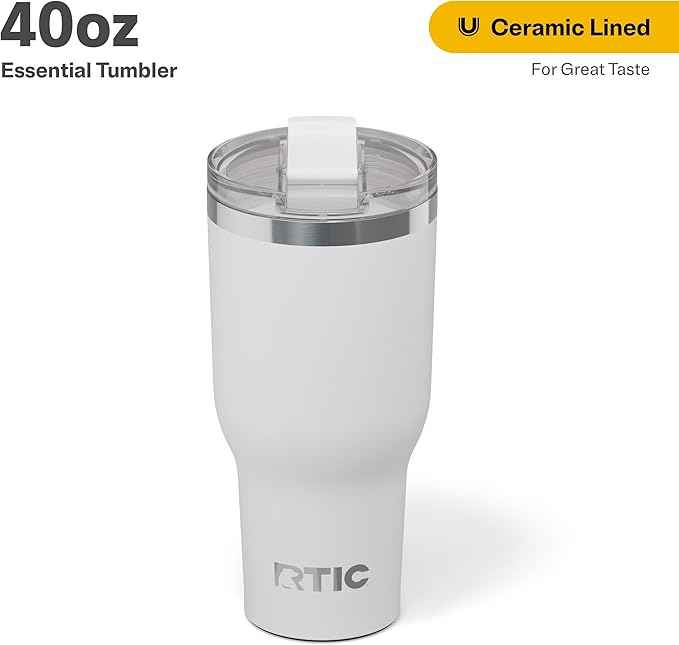 RTIC 40oz Essential Tumbler with Lid, Ceramic Lined, Insulated, Stainless Steel, Metal, Double Wall Vacuum-Insulation, Travel Cup for Iced Coffee, Tea, Hot and Cold Drink, White