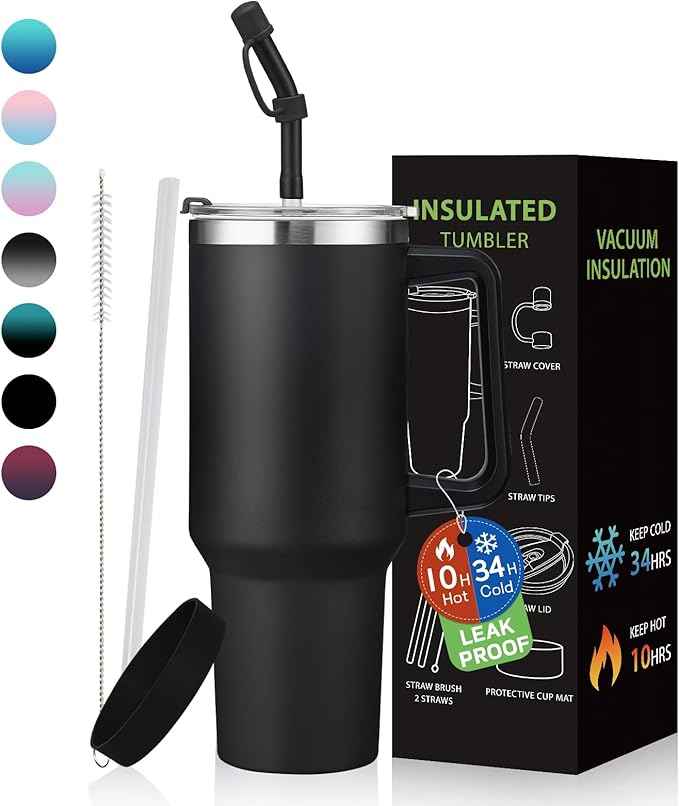 BENZZO Tumbler with Lid and Straw 40oz Stainless Steel Tumblers with Protective Boot & Double Threaded Cap, Thermal Travel Coffee Mug Flask Keeps Cold-34 Hrs for Gym Office, Car Cupholder Friendly