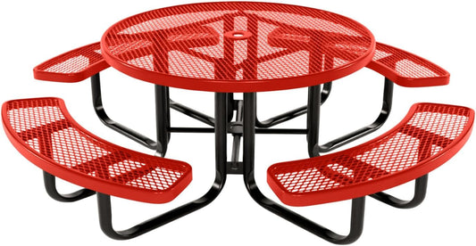 Coated Outdoor Furniture Heavy-Duty Portable Outdoor Kids Table with Umbrella Hole, Expanded Metal Kids Picnic Table, Commercial-Grade, Made in America (46 In, Round, Childrens, Red)