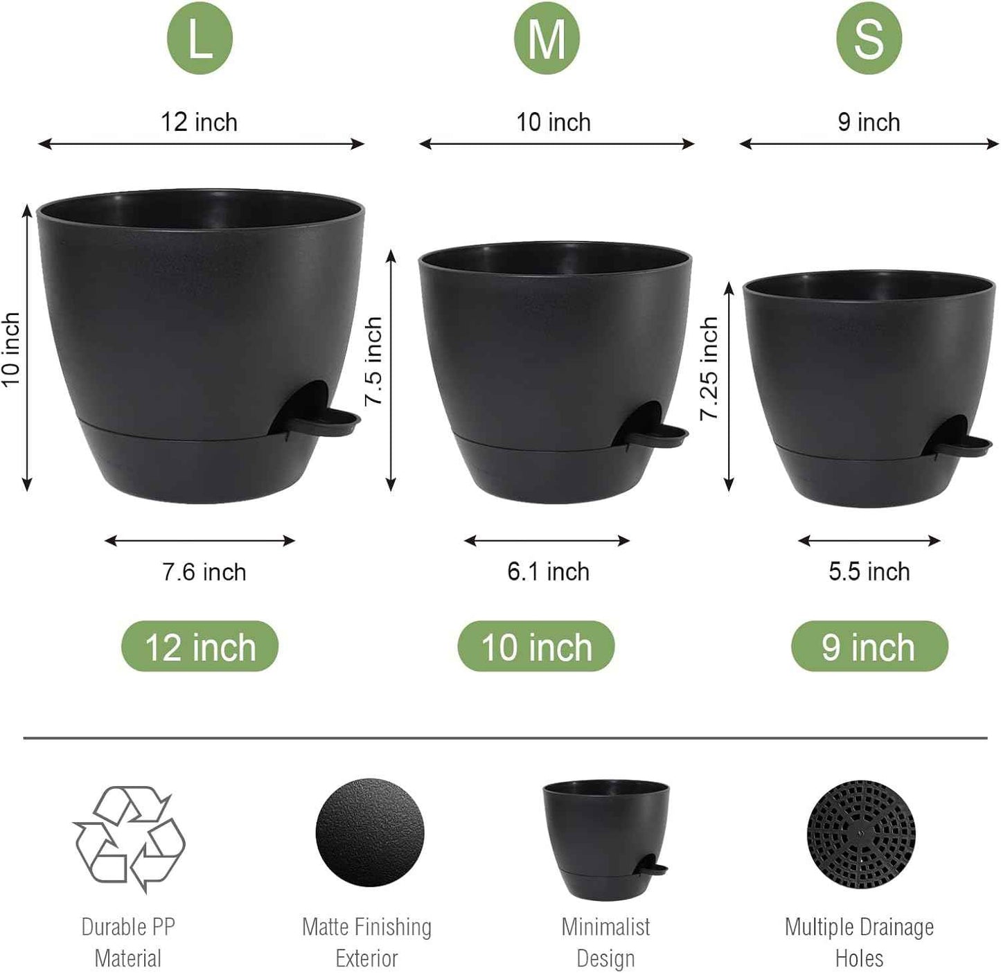UOUZ Large Self Watering Pots, 12/10/9 Plastic Planters with High Drainage Holes and Deep Reservoir for Indoor Outdoor Garden Plants and Flowers, Black