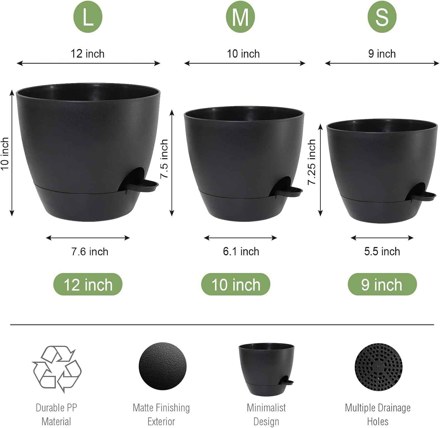 UOUZ Large Self Watering Pots, 12/10/9 Plastic Planters with High Drainage Holes and Deep Reservoir for Indoor Outdoor Garden Plants and Flowers, Black