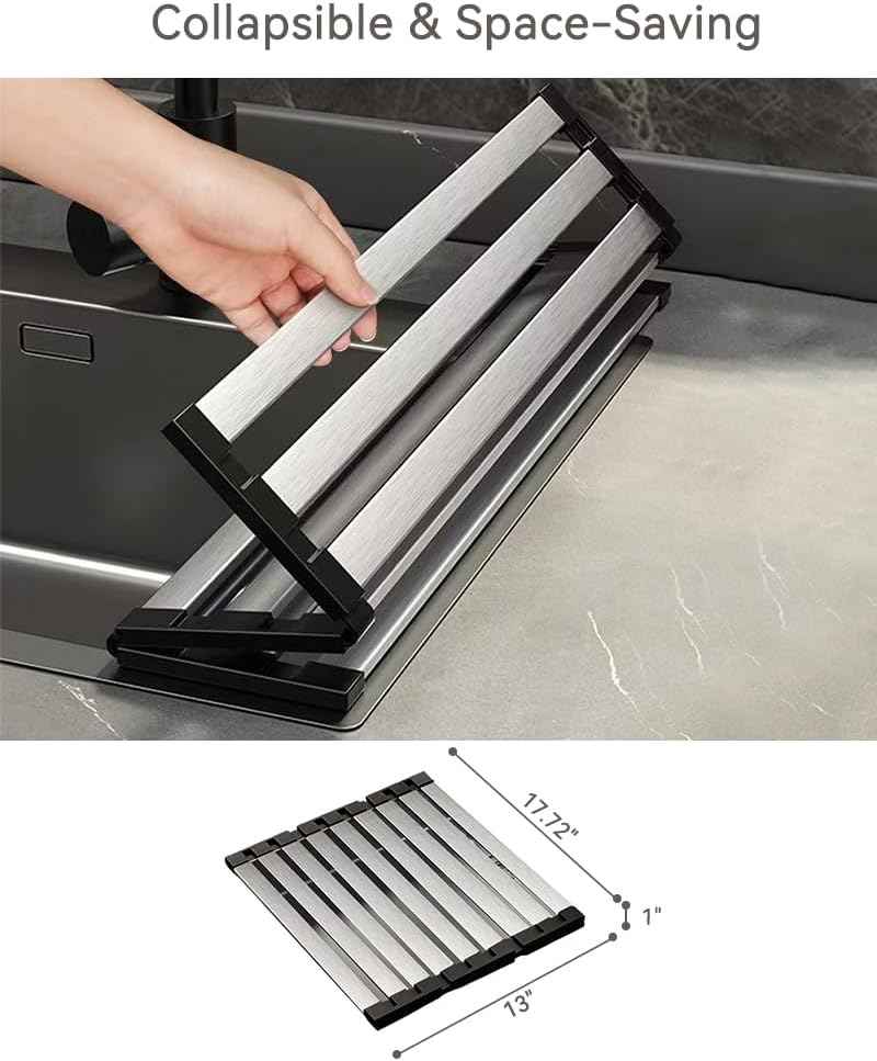 17.72" Dish Drying Rack Over the Sink, 1.28lb Heavy-Duty 304 Stainless Steel, Non-Slip Silicone Edges, Folding Space-Saving for Home & RV Kitchen, Dish Drainer, Cooling Rack & Sink Cover