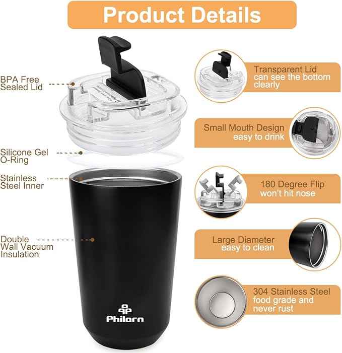 PHILORN Travel Mug Spill Proof - 12 OZ Insulated Coffee Cup With Lid, Black Stainless Steel Coffee Mug with Double Wall, For Hot and Cold Drinks