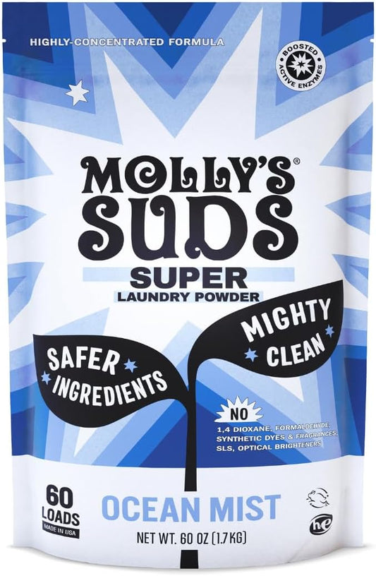 Molly's Suds Super Powder Detergent | Extra Strength Laundry Soap, Stain Fighting | Sensitive Skin | Simple, Effective Ingredients | 60 Loads - Ocean Mist