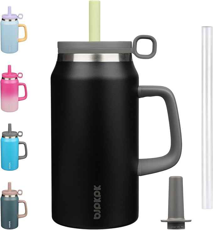 BJPKPK 50oz Insulated Tumbler with Handle Stainless Steel Travel Coffee Mug with Lid Reusable Large Water Bottle with Straw,Black