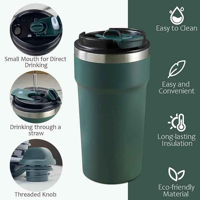 SPLMIFA Travel Coffee Mugs Leak-Proof, Reusable Coffee Cups with Lids, Stainless Steel Vacuum Insulated Coffee Tumblers, Thermal Insulation Cups for Men and Women Hot & Cold Drinks(4th-Green, 16OZ)