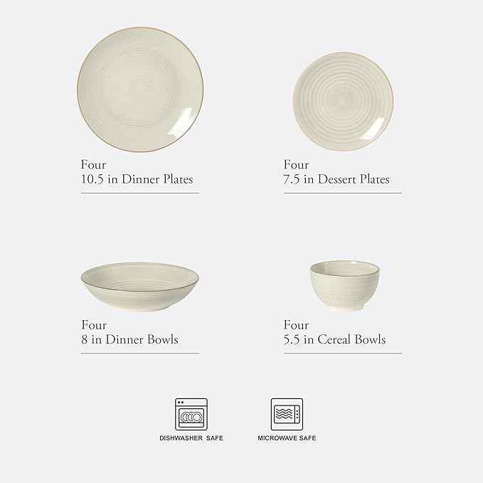 Gibson Home Stonebury 16 Piece Plates and Bowls Cream Grey Dishes - Handpainted Stoneware Dinnerware Set - Service for 4