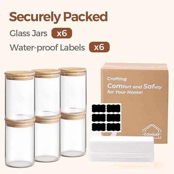 ComSaf 1 Qt Glass Storage Containers with Lids, Glass Jars with Lids, Clear Food Storage Jar, Round Canister Set of 6, Pantry Organizers for Cookie Pasta Flour Rice Tea Coffee Bean