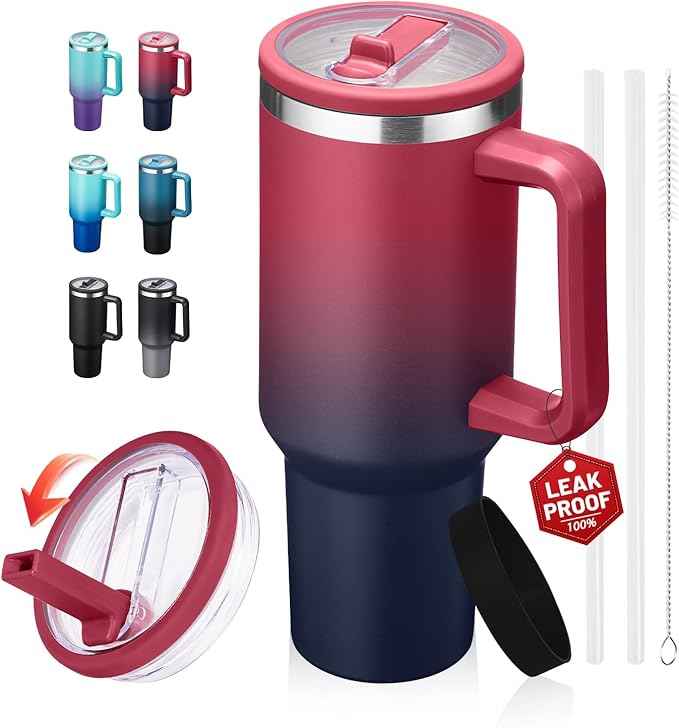 ICIOI 40 oz Tumbler with Handle and Flip Straw - 100% Leak-proof Travel Coffee Cup, BPA Free Metal Mug - (Cold-34H & Hot-10H), Reusable Stainless Steel Water Bottle Fits in Cup Holder