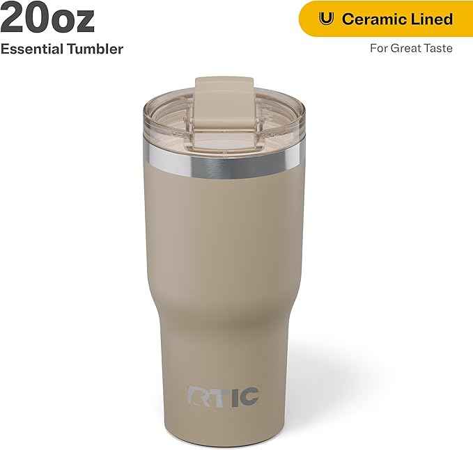 RTIC 20oz Essential Tumbler with Lid, Ceramic Lined, Insulated, Stainless Steel, Metal, Double Wall Vacuum-Insulation, Travel Cup for Iced Coffee, Tea, Hot and Cold Drink, Beach
