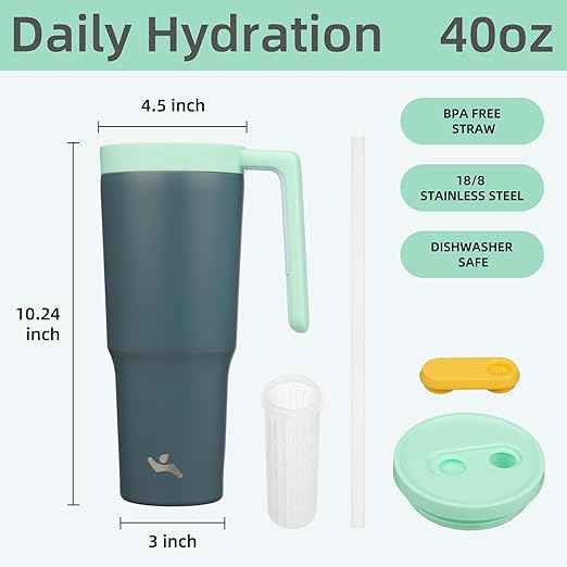 Konokyo Insulated Tumbler with Handle and Straw,40 OZ Vacuum Stainless Steel Water Bottle Travel Mug Metal Cup with Fruit Diffuser,Night Gray