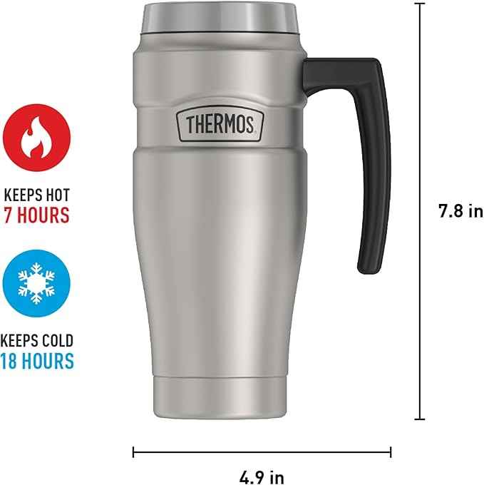 THERMOS Stainless King Vacuum-Insulated Travel Mug with Handle-16oz,Matte Steel-Thermos Tumbler for Hot&Cold Drinks-Leak-Proof&Sweat-Proof Stainless Steel Coffee Mug with Lid for Commuting,(Pack of 4)