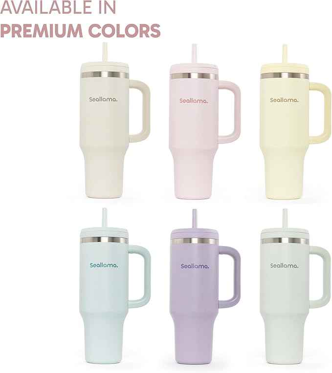 Seallama. Tumbler with Handle and Straw 40 oz | Cup Holder Compatible for Travel | Insulated Stainless Steel Cup | BPA-Free | (Pink Mochi)