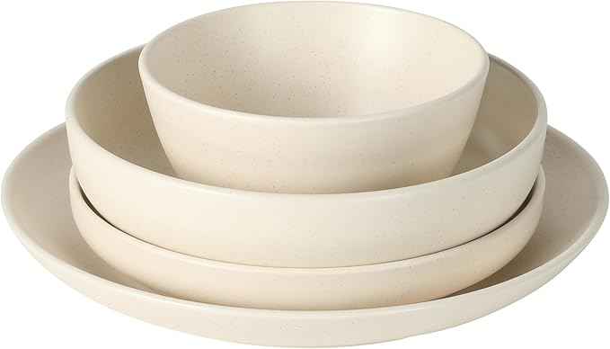 Gibson Elite Leeds Court Plates and Bowls Sets, 16-Piece Stoneware Dinnerware Sets, Cream White, Round Speckle Reactive Glaze Dish Set