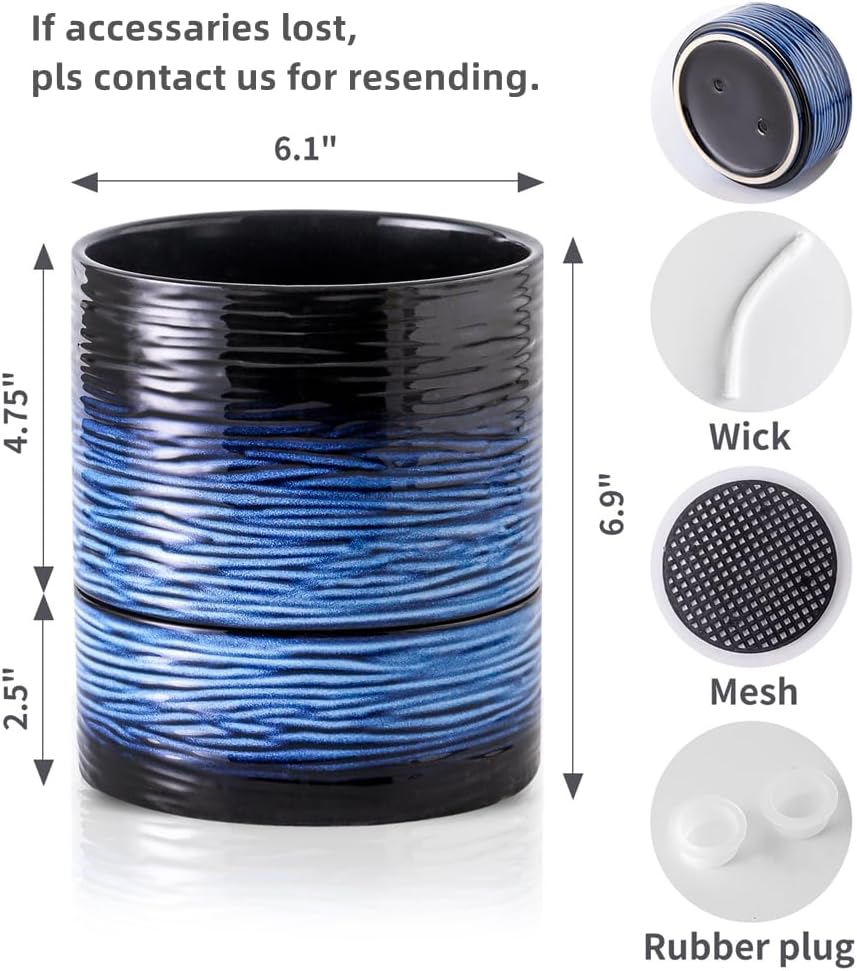 Nihow Self Watering Plant Pot: 6 Inch Ceramic Planter with Drainage Hole & Water Storage Plus for Indoor & Outdoor Plants - Cylinder Round Flower Pot for Succulent/Herbs/Violets - Black & Vivid Blue