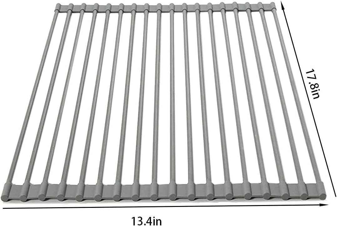 Ahyuan Large Roll up Dish Drying Rack Silicone Foldable Rack Over Sink Dishes Drainer Roll-up Sink Drying Racks Full Silicone Coated Stainless Still Dish Drying Rack (Warm Grey, 17.7''X13.13'')