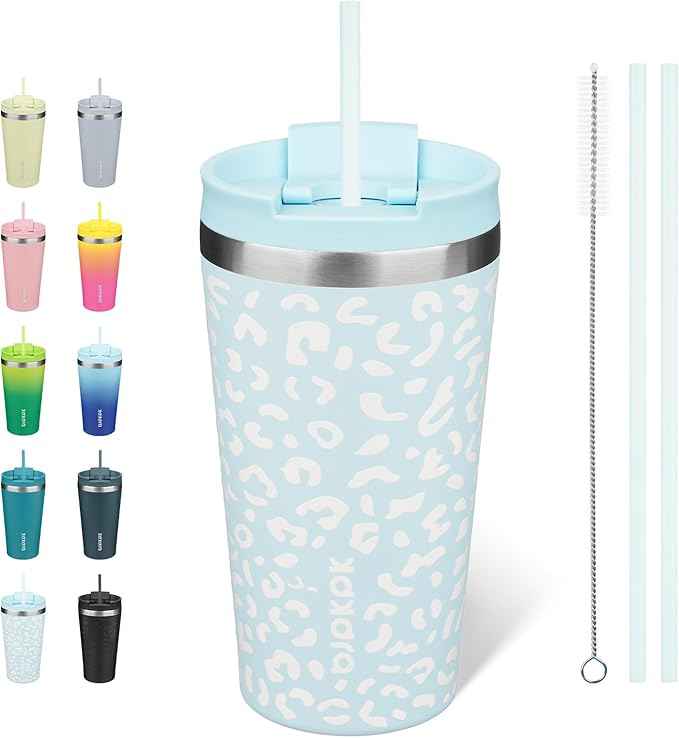 BJPKPK 18oz Tumbler With lid And Straw Stainless Steel Travel Coffee Mug Insulated Tumblers Cups,Light Blue Leopard