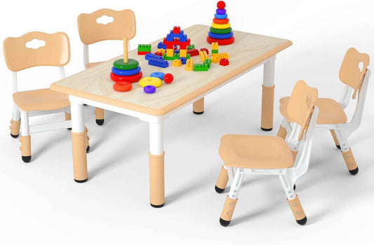 LulliSpace Kids Table and 4 Chairs Set，Height Adjustable Children Table & Chair，Toddlers Study Multi-Activity Table with 47.2"x23.6" Wipe-Clean Desktop，for Classrooms, Homes & Daycares