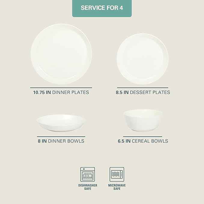 Gibson Home Summer Shades 16 Piece Plates and Bowls Dishes Service for 4 Porcelain Dinnerware Set - White