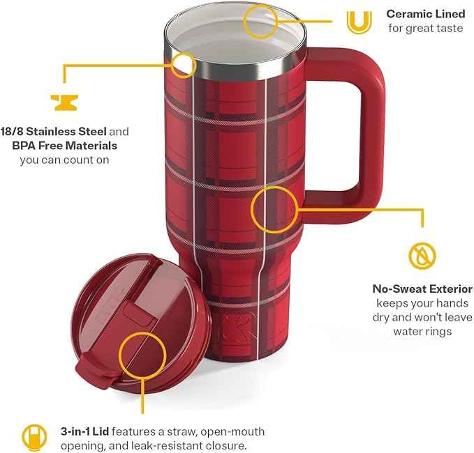 RTIC 30 oz Road Trip Tumbler Double-Walled Ceramic Lined InsulatedStainless Steel Portable Travel Coffee Mug Cup with Lid, Handle and Straw, Red Plaid