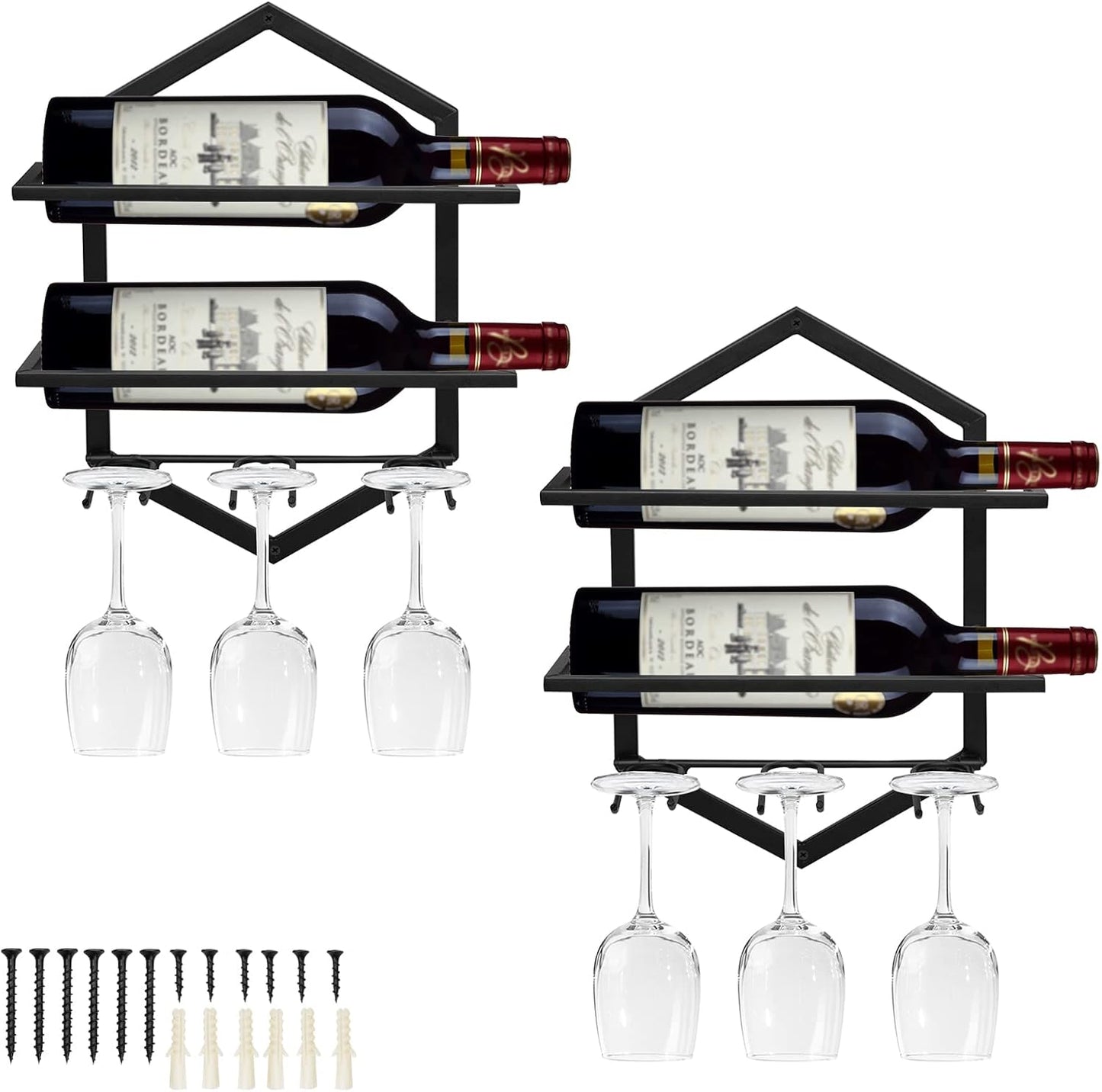 Wall Mounted Wine Stemware Rack, Metal Hanging Wine Glass Display Holde Holds 3 Cups 2 Bottles, Elegant Storage for Kitchen Dining Room Bar Wine Cellar (Black 2)