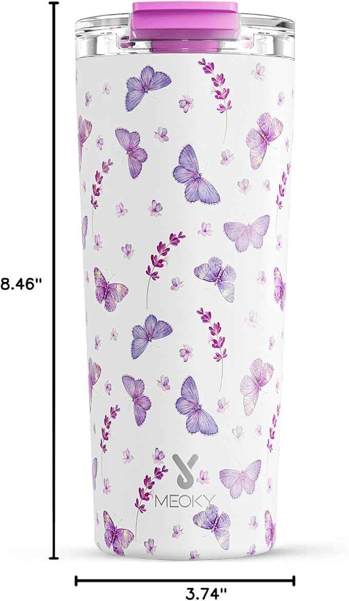 Meoky 24 oz Travel Coffee Mug with Leak-proof Lid, Stainless Steel Insulated Coffee Tumbler, Keeps Hot for 8 Hours or Cold for 24 Hours, Fits in Car Cup Holder (Lavender Butterfly)