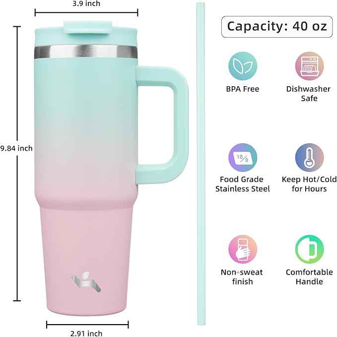 Konokyo 40 oz Tumbler with Handle and 2 Straws,2 in 1 Lid Insulated Water Bottle Stainless Steel Travel Coffee Mug,Gum