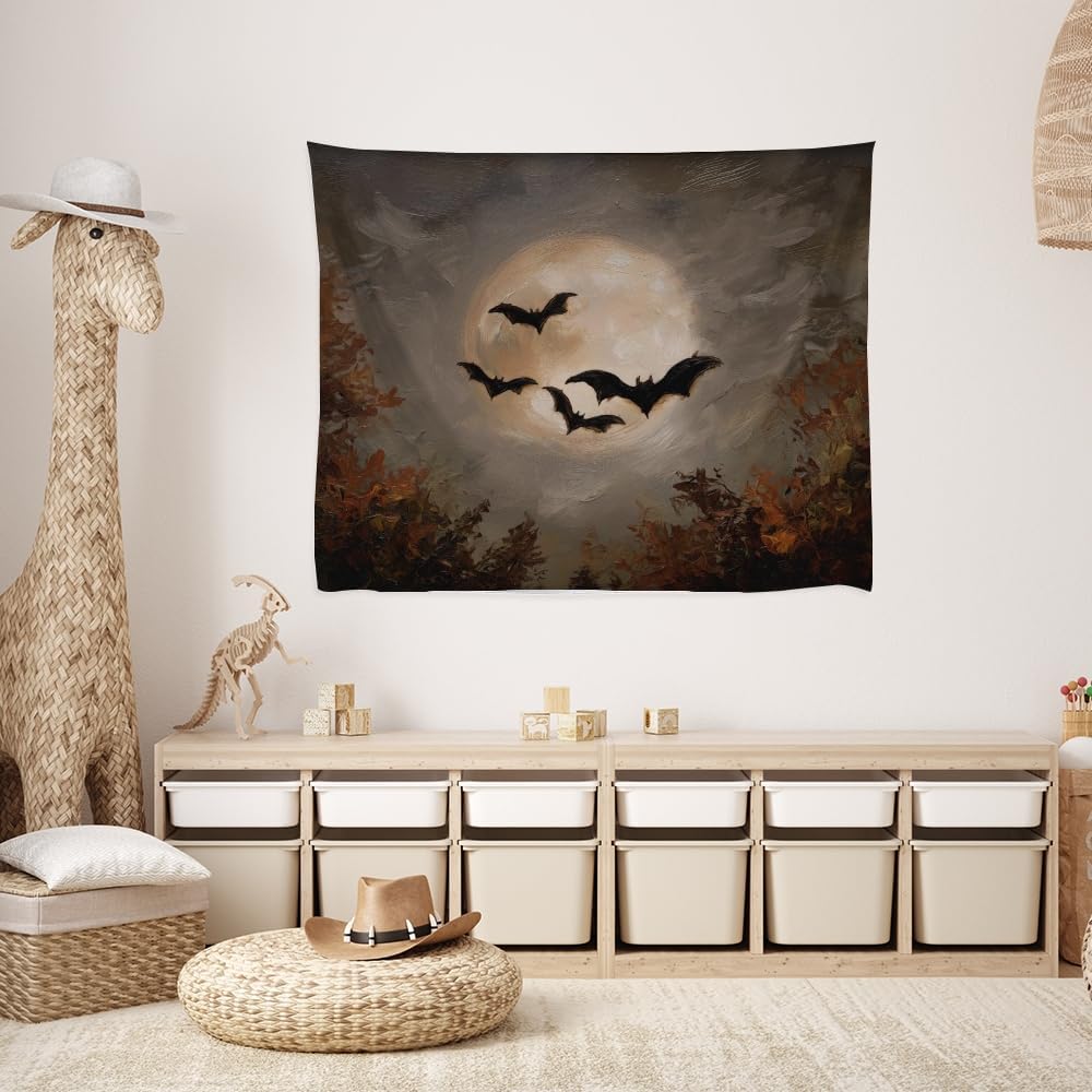 Spooky Halloween Bats Dark Academia Full Moon Autumn Leaves Wall Hanging Vintage Haunted Home Artwork Gothic Witchy Ghost Tapestries for bedroom Living Room Decor 30x40inch