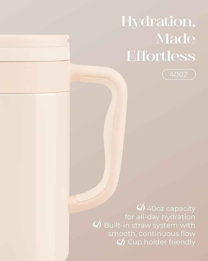 40 oz Insulated Tumbler with Handle and Push-Button Straw Lid, Stainless Steel Travel Cup for Gym Office, Leakproof, BPA-Free, Cup Holder Friendly, Bow Silicone Boot, Cream (Cloudy Cream)