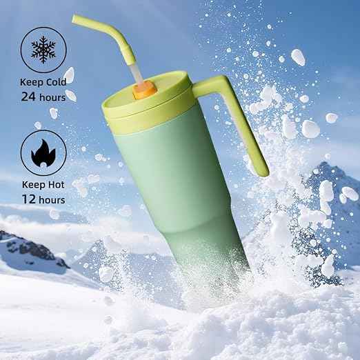 Konokyo Insulated Tumbler with Handle and Straw,40 OZ Vacuum Stainless Steel Water Bottle Travel Mug Metal Cup with Fruit Diffuser,Lime