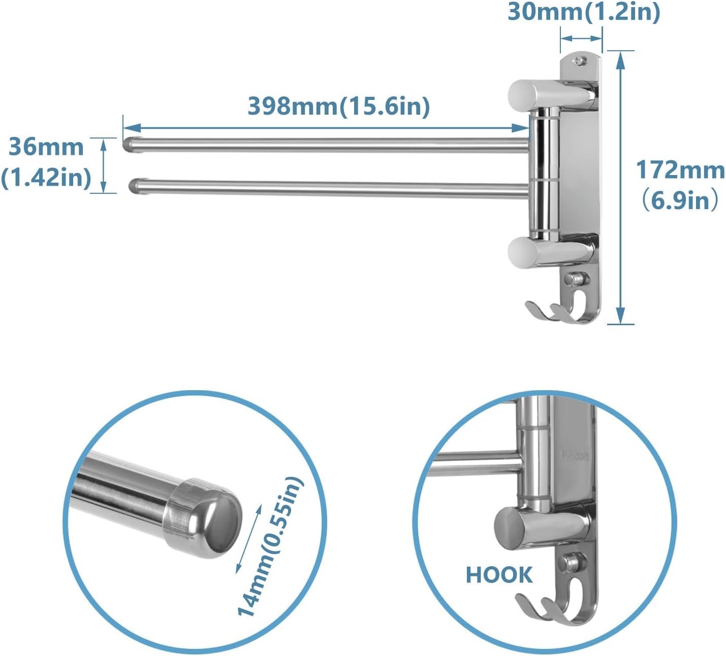 Wall Mounted Towel Rack JSVER 2 Arms Extended Swivel Towel Holder, SUS304 Stainless Steel Towel Racks for Bathroom, Kitchen