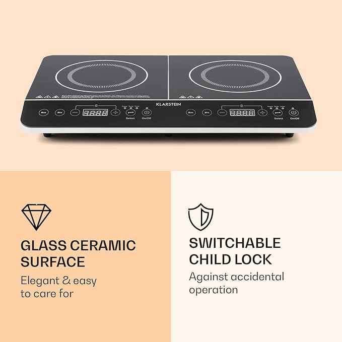Klarstein VariCook Slim Double Induction Hob 3500W, 240°C, 10 Adjustable Power Levels, Glass Surface, Timer, Touch Control via Surface, Black