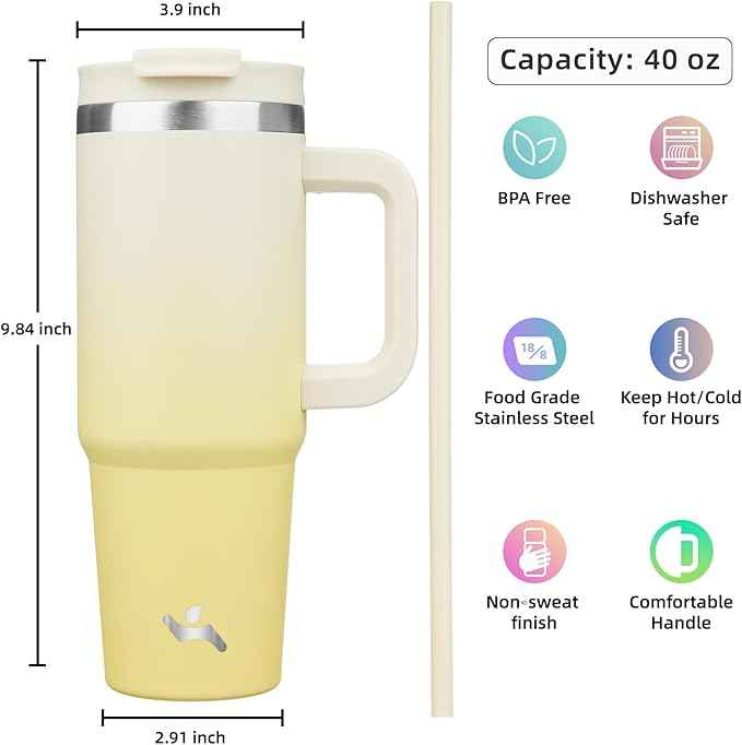 Konokyo 40 oz Tumbler with Handle and 2 Straws,2 in 1 Lid Insulated Water Bottle Stainless Steel Travel Coffee Mug,Lemon